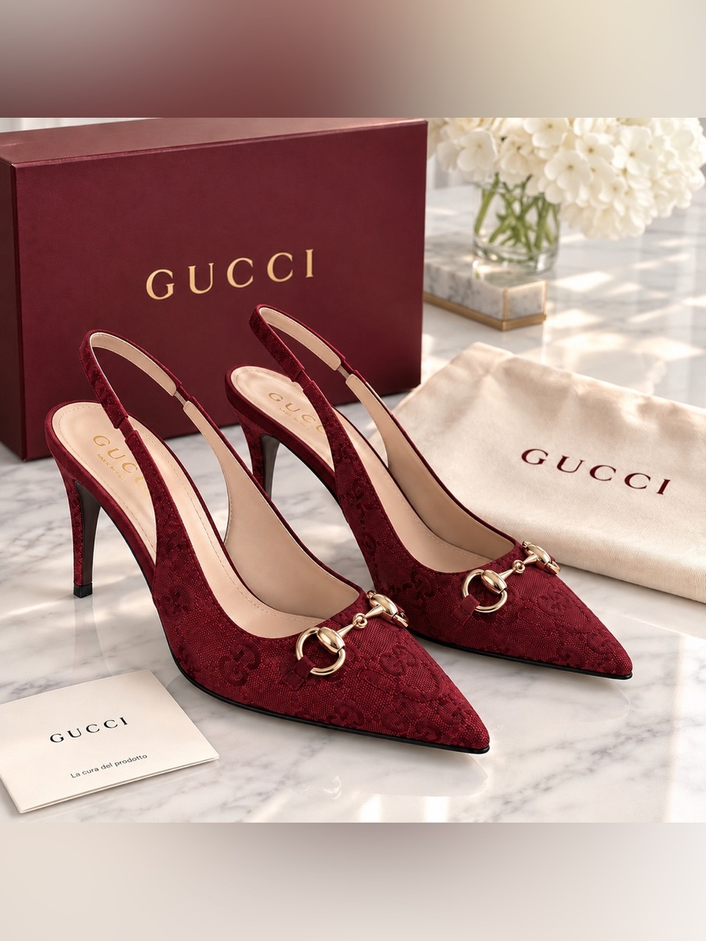 Gucci Horsebit GG Canvas Slingback Pumps 85mm – Burgundy – Size 39.5 IT